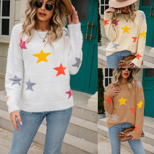 Women's Star Pattern Sweater - Cozy Knit Pullover for Winter Fashion - - Sweaters - Carvan Mart