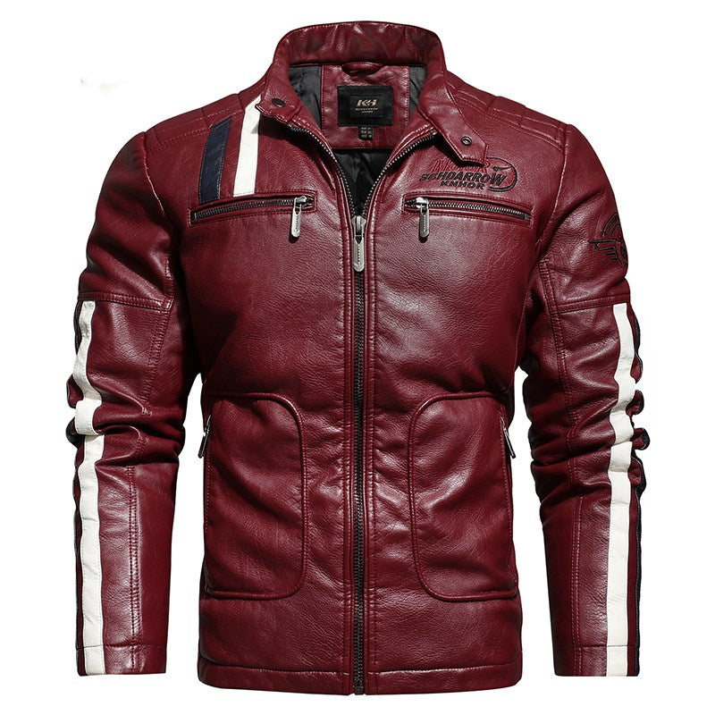 Men's Leather Short Embroidered Slim-fit Youth Lapel Leather Jacket - Red - Genuine Leather - Carvan Mart