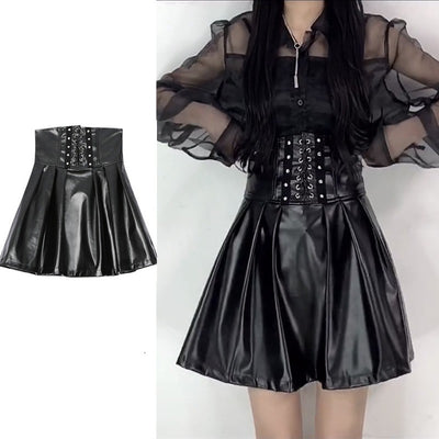 Black High Waist Small Leather Skirt Women's Cinched Pleated Split Skirt - 