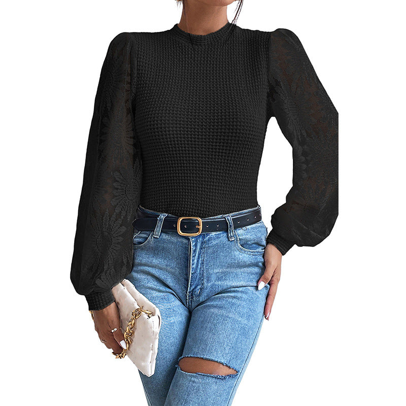 Knitwear Women's Lace Stitching Hollow-out Long-sleeved Top - Carvan Mart