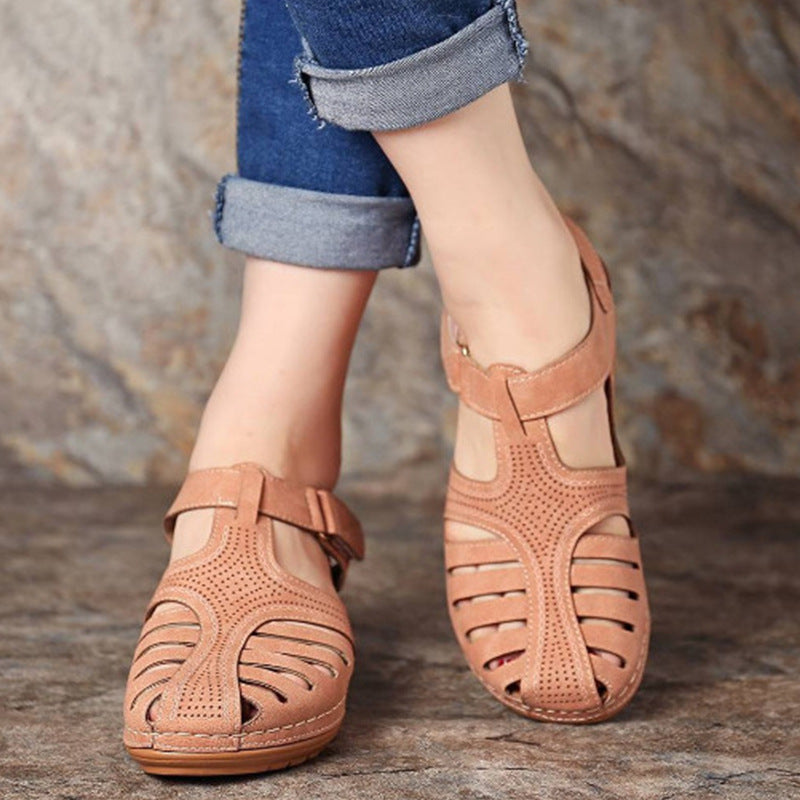 Women's Plus Size Retro Sandals Round Toe Wedge Sandals - Carvan Mart