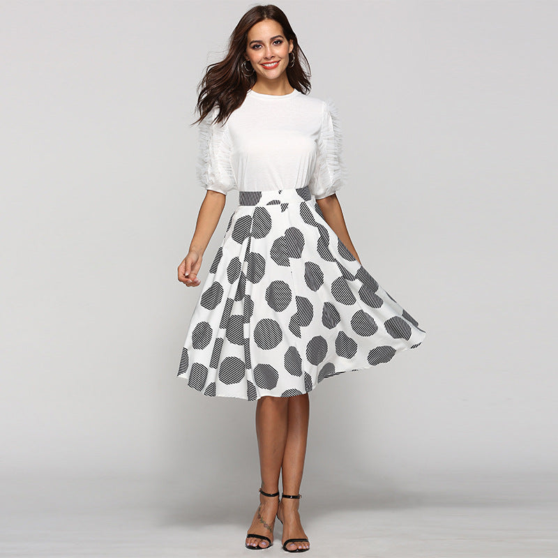 Large Polka Dot Round Slim Fit Mid-Length Skirt With Large Hem - Carvan Mart