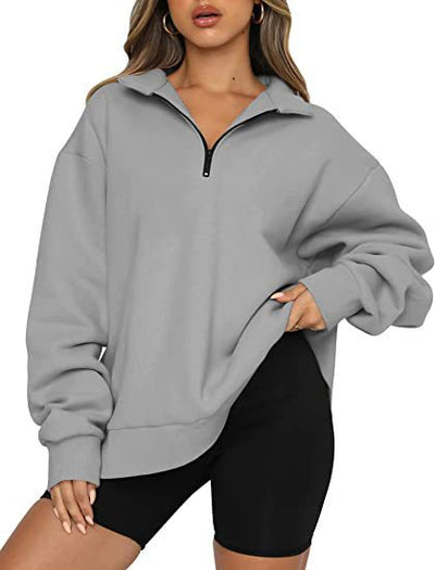 Women Sweatshirts Zip Turndown Collar Loose Casual Tops Clothes - Carvan Mart