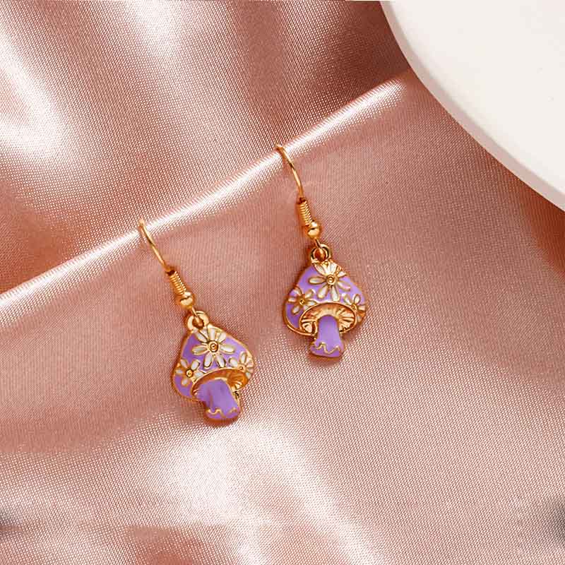 Color Drop Oil Small Mushroom Alloy Earrings - Purple - Earrings - Carvan Mart