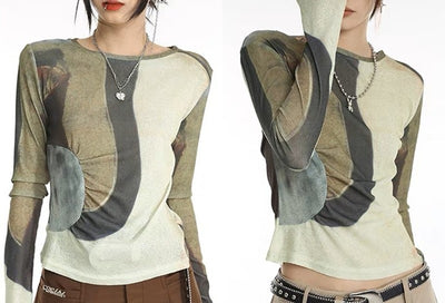 Printed Casual Shirts Contrast Color Round Neck Long Sleeve Women's T-shirt - Carvan Mart