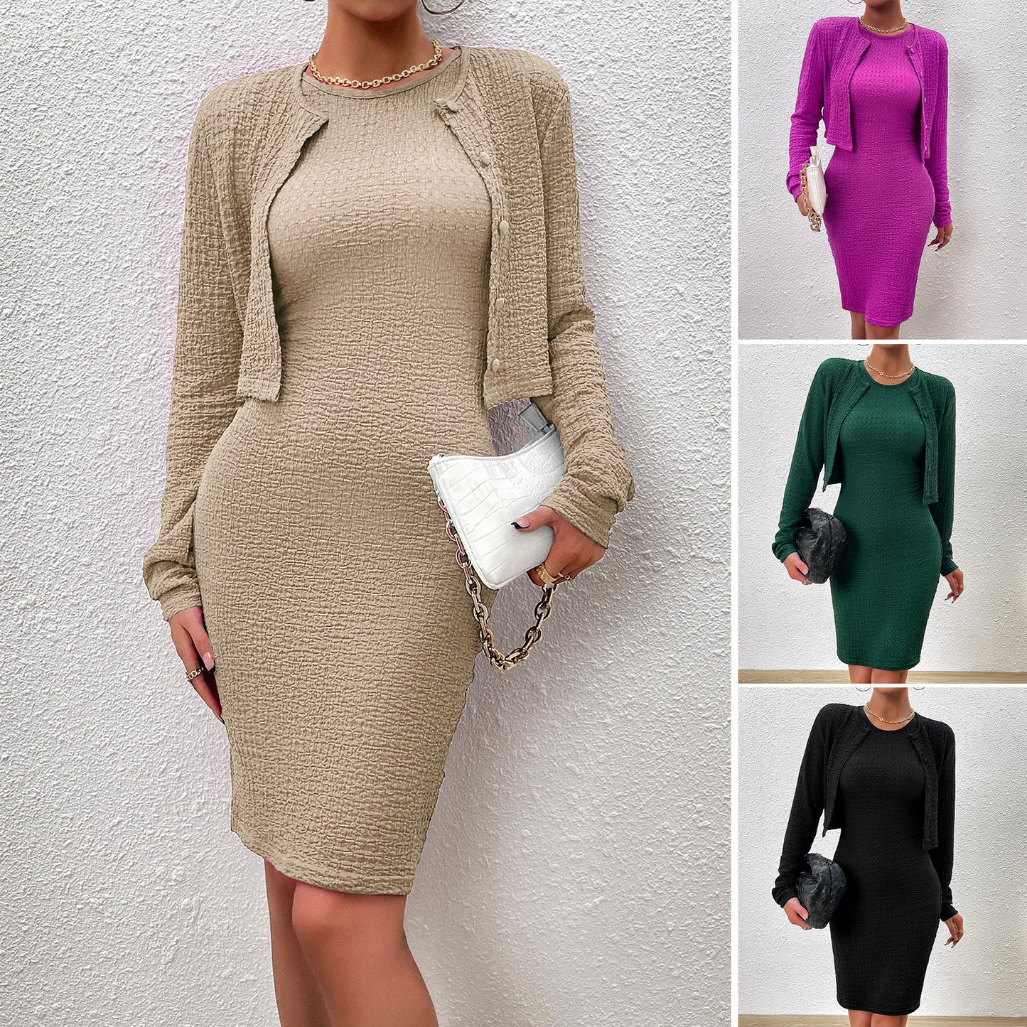 Women's Stylish Temperament Long Sleeves Top Round Neck Sheath Dress Suit - Carvan Mart Ltd