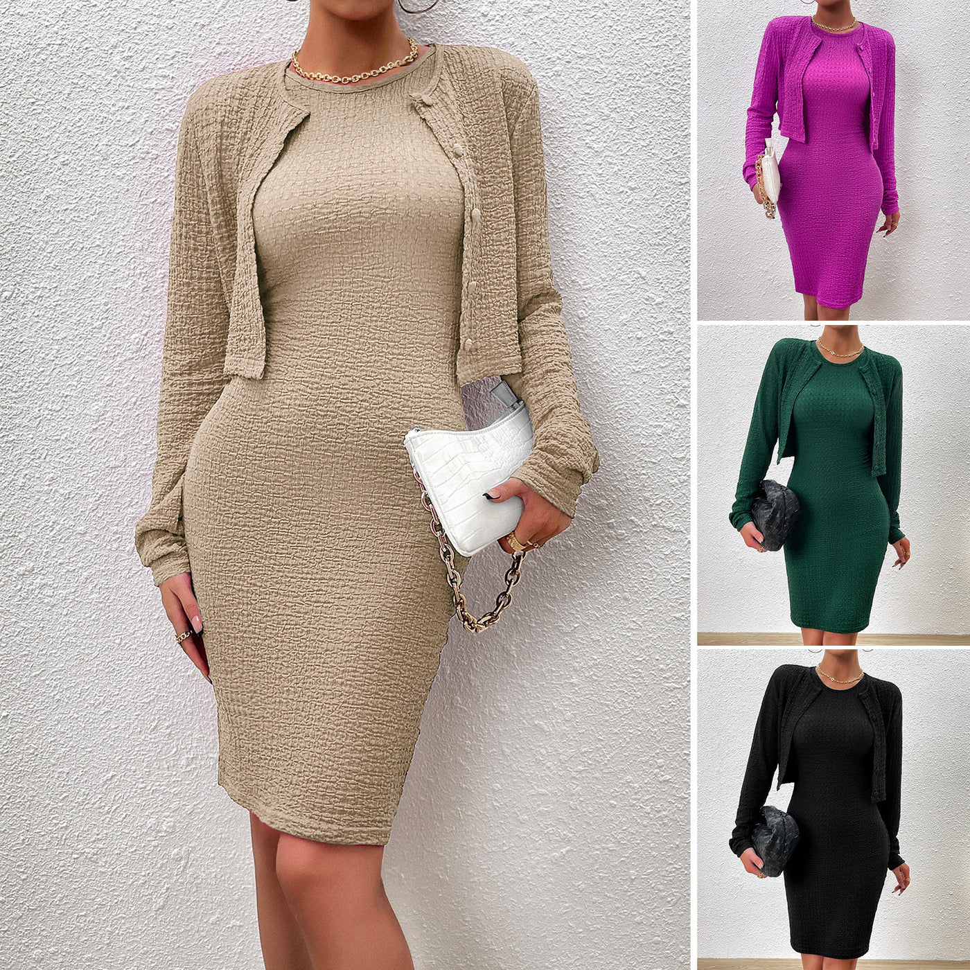 Women's Dress With Blazer Long Sleeve Top Round Neck Sheath Dress Suit - Carvan Mart