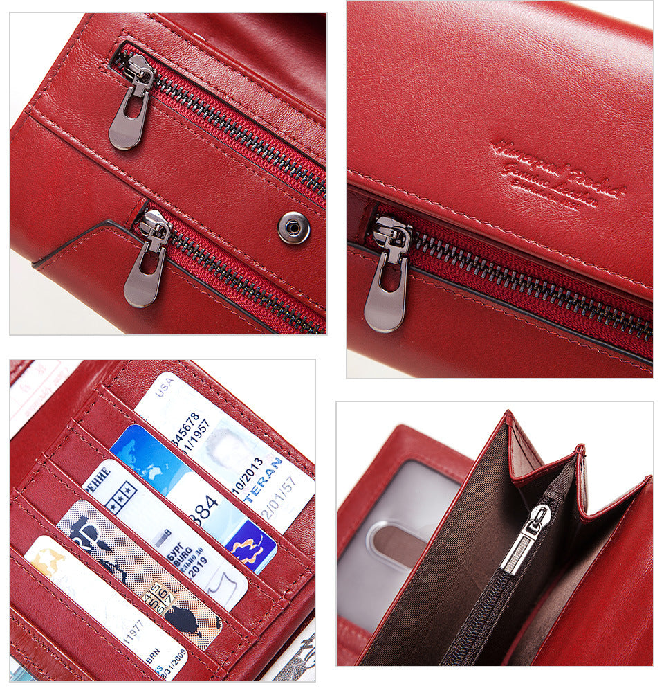 Long Cowhide Multiple Card Slots Coin Pocket RFID Anti-magnetic Women's Handbag - Carvan Mart