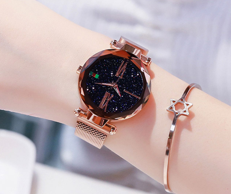 Luxury Women Watches Mesh Ladies Clock Magnet Buckle Starry Diamond Geometric Surface Quartz Wristwatch - Carvan Mart