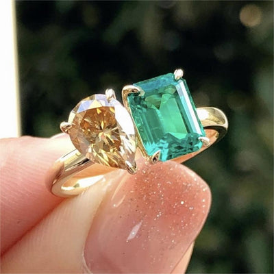 Fashion Jewelry Creative Double Stone Lady Green Yellow Zircon Ring Luxury Crystal Ring - Carvan Mart