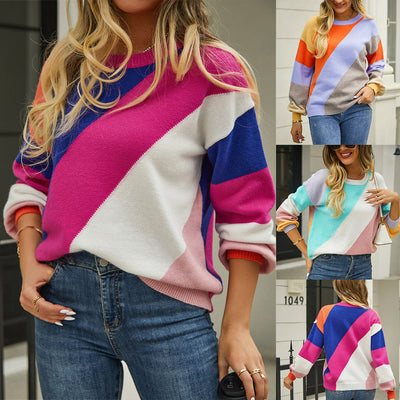 Women's Fashionable Simple Striped Patchwork Round Neck Sweater - Carvan Mart