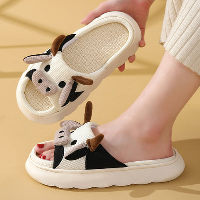 Cute Cartoon Cow Frog Slippers Linen Non-slip Shoes Indoor Garden Home Slippers - Carvan Mart