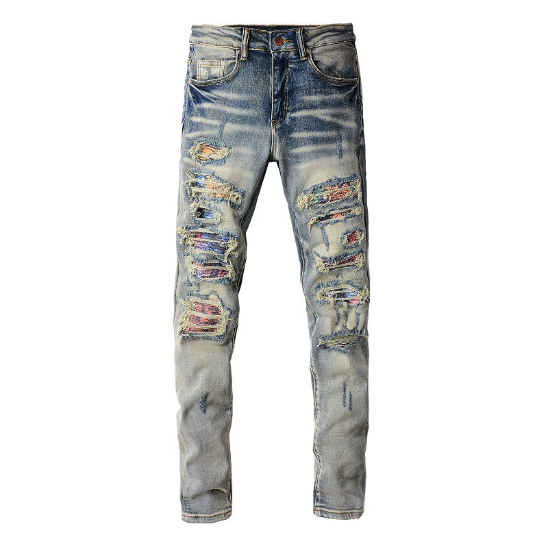 Iridescence Printed Patch Worn Baby Blue Jeans Male - Carvan Mart