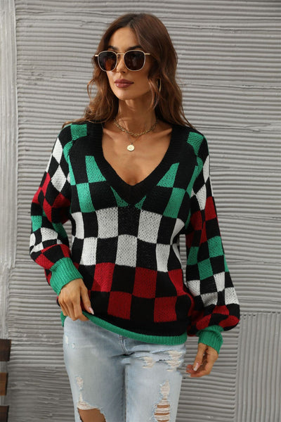 Women's V-neck Plaid Contrast Large Knit Shirt - Carvan Mart