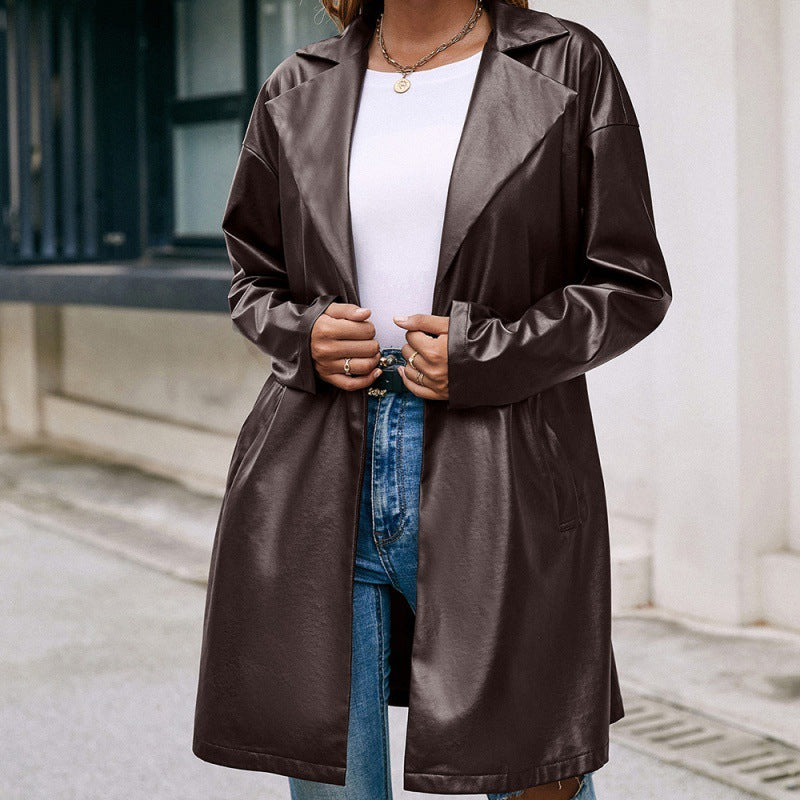 Women's Leather Trench Coat Mid-length Leather Jacket - Carvan Mart