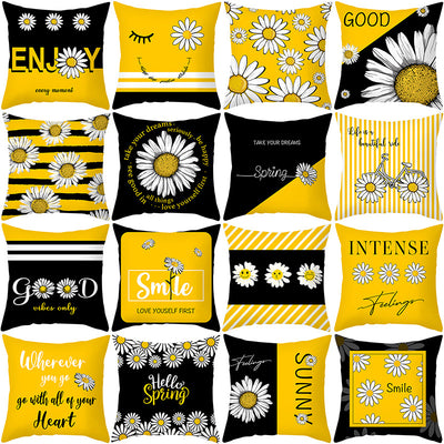 Modern Yellow Daisy Flower Cushion Cover Creative Letter Print Pillow Case - Carvan Mart