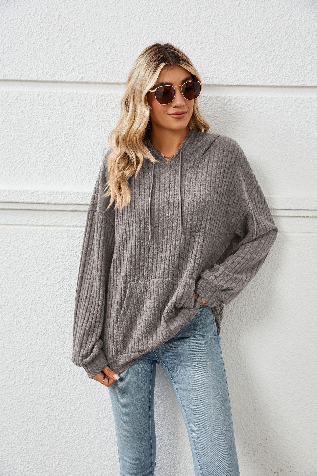 Knitted Sweater With Hooded Pit Stripe Kangaroo Pocket Sweater - Dark gray - Women Hoodies & Sweatshirts - Carvan Mart