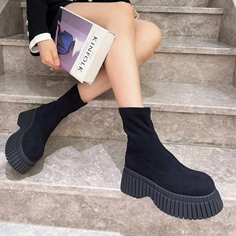 Thick Sole Long Boots Solid Color Fly-woven Elastic Women's Winter Shoes - Carvan Mart Ltd