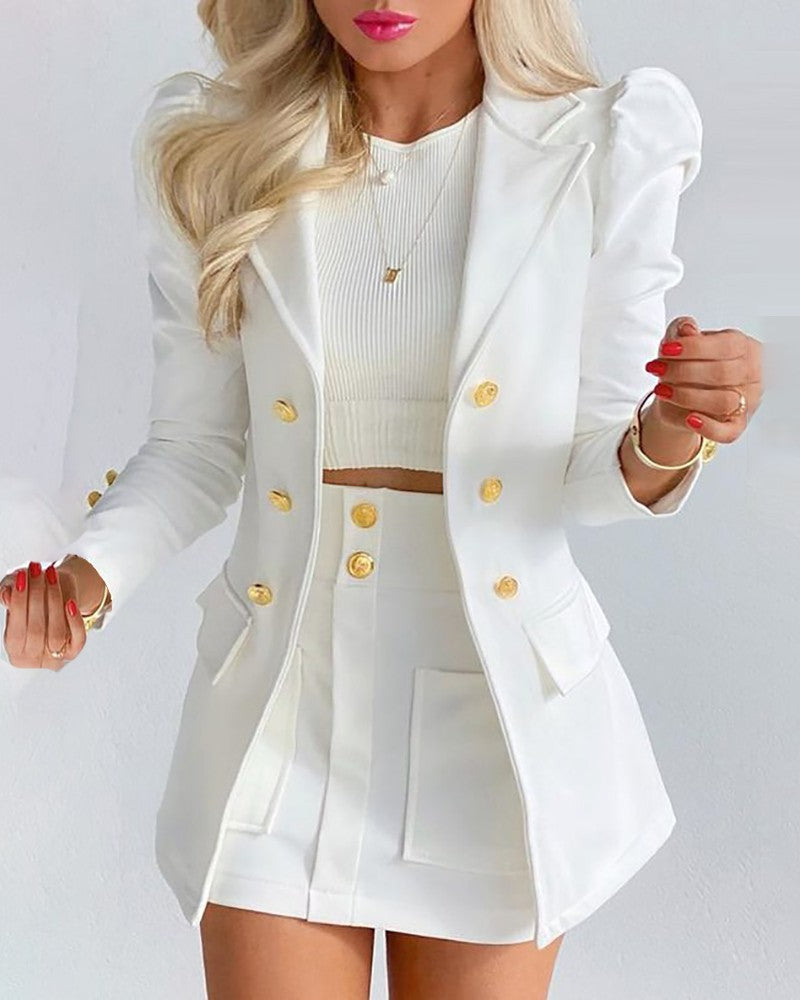 Blazers Two-piece Set, Casual Fashion Solid Loose Long Sleeve Blazers & Mini Skirt, Women's Clothing - - Suits & Sets - Carvan Mart