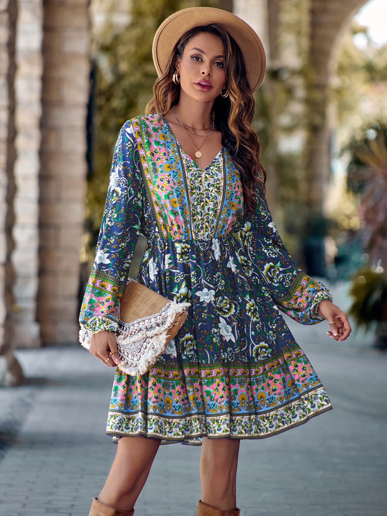 Women's Drop Waist Dress Printed V-neck Long Sleeve A Dress - Dark Blue - Dresses - Carvan Mart