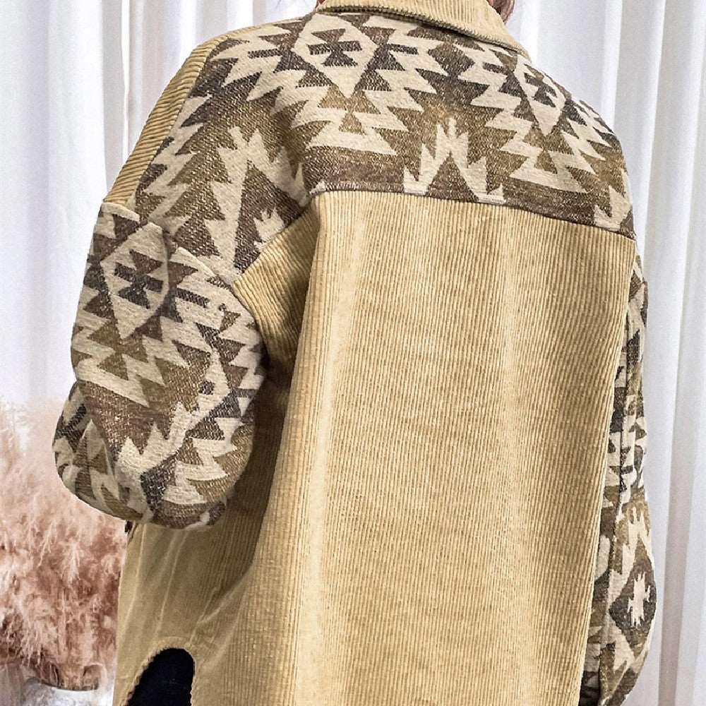 Fashion Print Stitching Lapel Women's Khaki Cotton Jacket - Carvan Mart