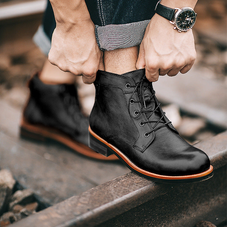 Retro Boots Men's Lace-up Leather Ankle Boot Low Heel Motorcycle Shoes - - Men's Boots - Carvan Mart