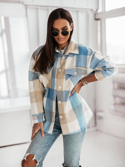 Women's Fashionable Color Plaid Shirt Brushed Woolen Coat - Carvan Mart