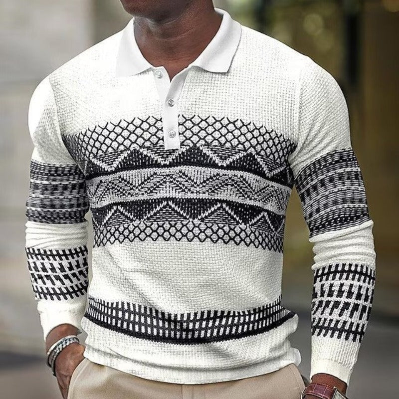 Men's Long Sleeve Polo Shirt - Stylish Geometric Knit Design for Casual and Sports Wear - White - Men's Shirts - Carvan Mart