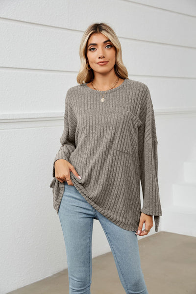 Women's Sunken Stripe Fleece Long-sleeve T-shirt Boat-neck Striped Tees - Gray - Winter Tops - Carvan Mart