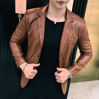 Fashion Casual Men's Suit Leather Jacket - Khaki - Genuine Leather - Carvan Mart