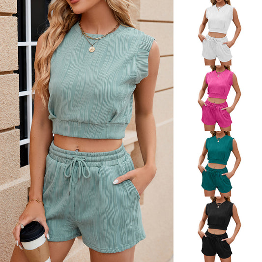 Wave Pattern Suit Women Casual Round Neck Sleeveless Top Drawstring 2-piece Suit