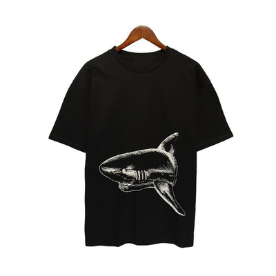 Shark Print Short Sleeve Trendy Men New Cotton T-shirt Cut Two Shark Loose T-shirt - Carvan Mart