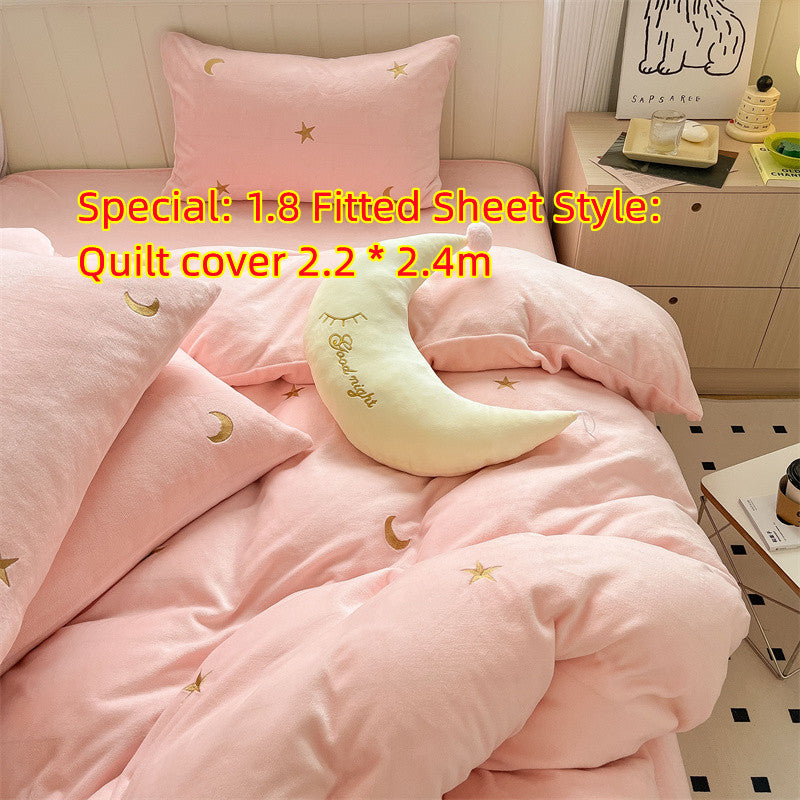 Milk Velvet Four Piece Set Of Healing Princess Style Double Sided Velvet Coral Velvet Bed Sheets - Pink 1.8mincrease - Bedding Sets - Carvan Mart