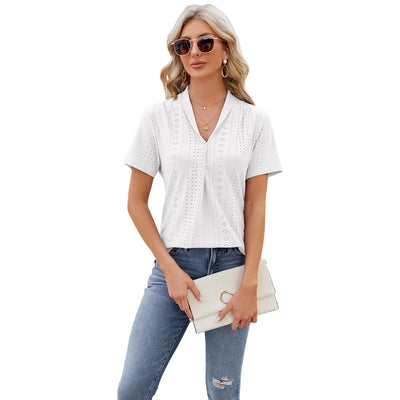 V-neck Hollow T-shirt Women's Summer Loose Short-sleeve Top - White - Blouses & Shirts - Carvan Mart