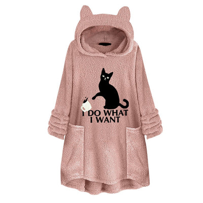 Hooded Pullover Cat Print Long Sleeved Reversible Velvet Sweater - Pink - Women Hoodies & Sweatshirts - Carvan Mart