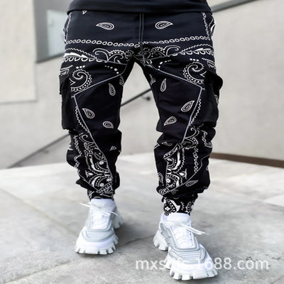 Men's Hip-Hop Print Trousers - Casual Wide-Leg Harem Pants - Black - Men's Pants - Carvan Mart