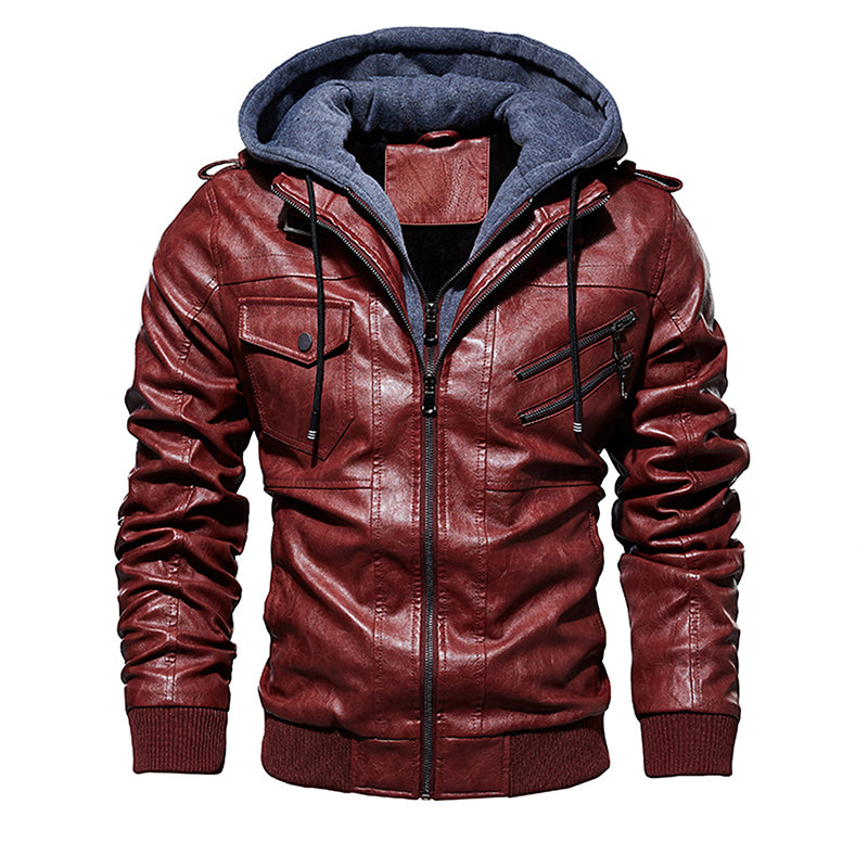 Men Hooded Leather Jacket Thick Motorcycle Windproof Casual Winter Jacket - Red - Genuine Leather - Carvan Mart