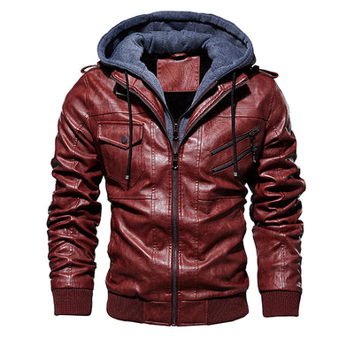 Men Hooded Leather Jacket Thick Motorcycle Windproof Casual Winter Jacket - Carvan Mart