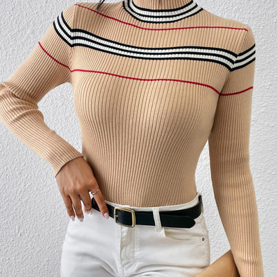 Women's Knitted Solid Color Striped Pullover - Carvan Mart