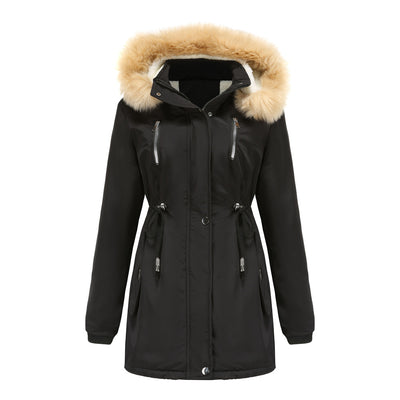 Hooded Women's Leather Parka Coat Lamb Velvet Cotton Padded Jacket - 