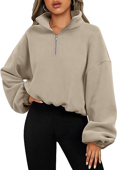 European And American Half Zipped Stand Collar Drawstring Hem Polar Fleece Shirt - Khaki - Tops & Tees - Carvan Mart