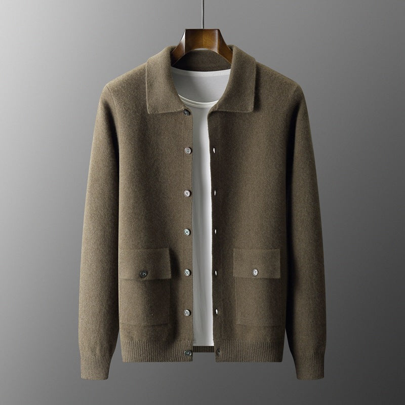 Men's Polo Collar Solid Color Wool Cardigan Autumn Winter Retro Pocket Thick Coat - Carvan Mart