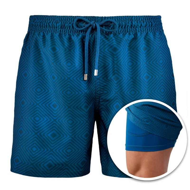Men's Beach Shorts Printed Sports Double Layer Summer Shorts - Dark Blue - Men's Shorts - Carvan Mart