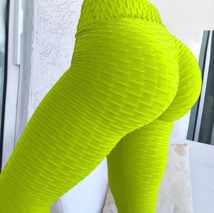 Women's High-Waisted Textured Yoga Leggings - Butt Lift & Tummy Control Workout Pants - Fluorescent green - Leggings - Carvan Mart
