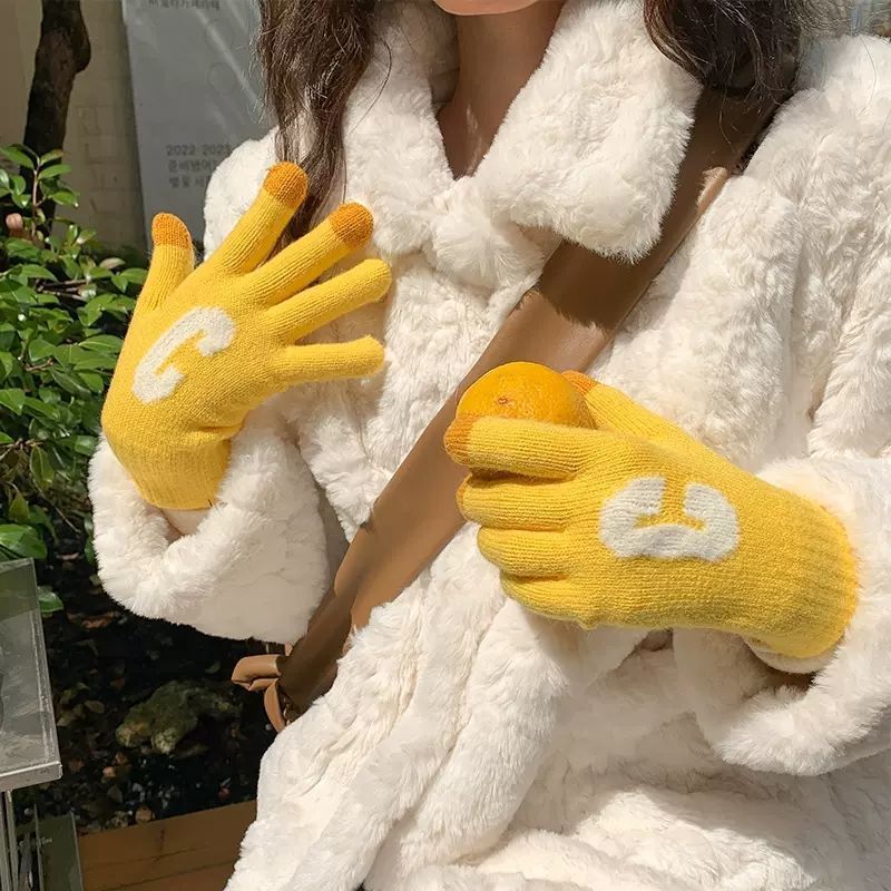 Candy Color Letter C Thick Cute Wool Knitted Warm Gloves - Yellow - Women Gloves & Mittens - Carvan Mart