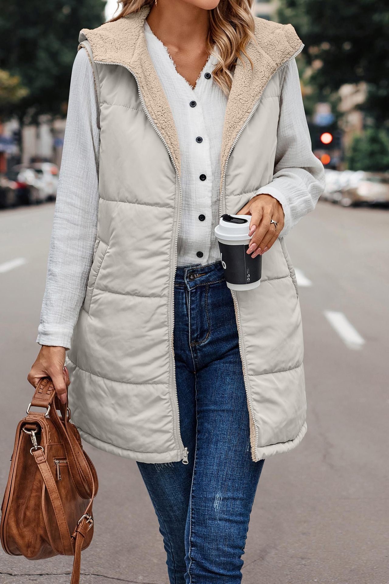 European And American Solid Color Hooded Cotton Jacket Vest Double-sided Wear Slim Elegant Cardigan Coat - Creamy White - Women's Coats & Jackets - Carvan Mart