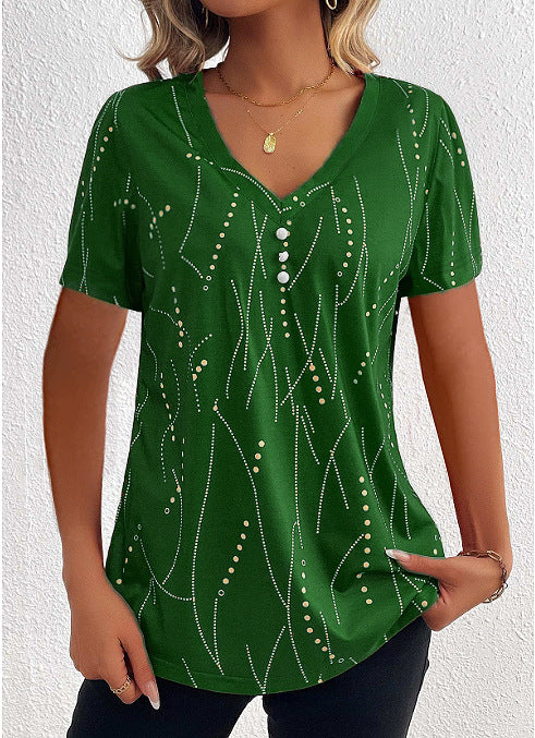 V-neck Button T-shirt Women's Summer Fashion Leisure Short-sleeve Top - Green - Blouses & Shirts - Carvan Mart