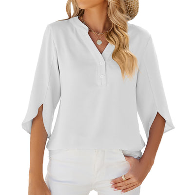 Button V-neck Mid-sleeve Chiffon Shirt Women's Solid Color Top - White - Tops & Tees - Carvan Mart