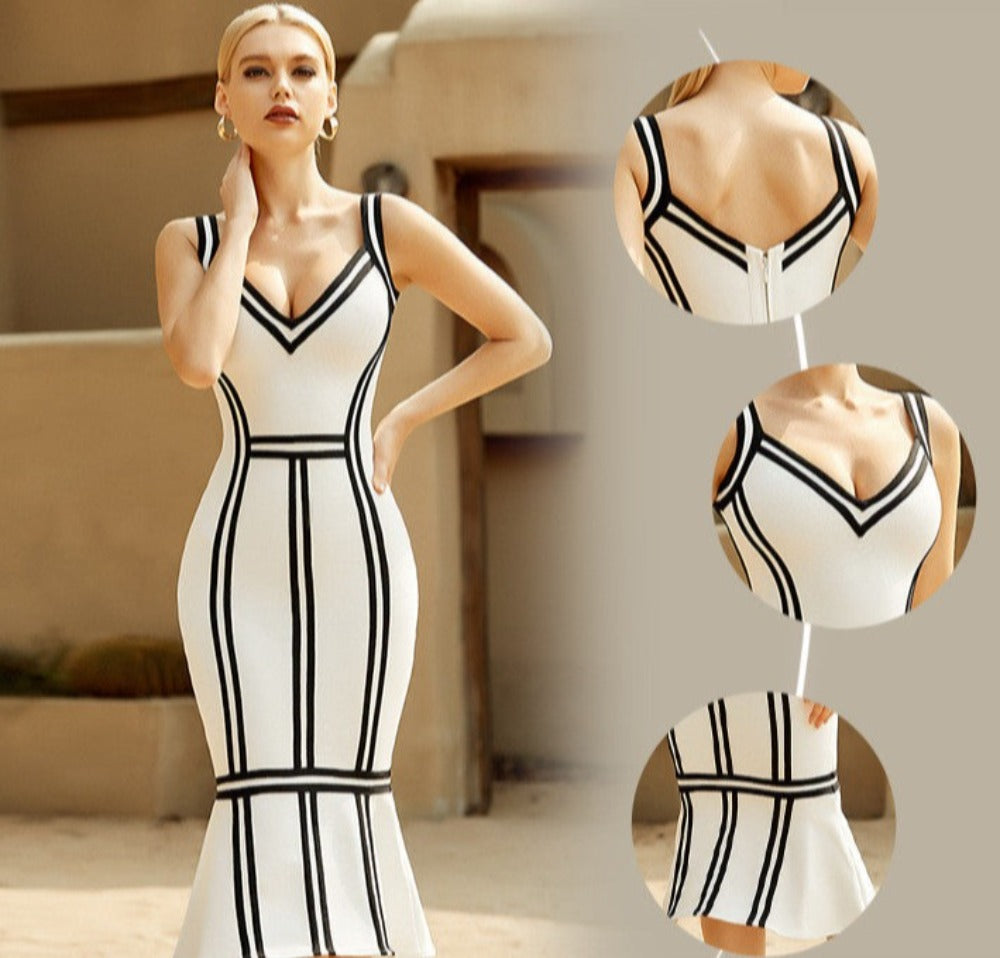 Ladies Striped 3D Sleeveless Sling White Midi Dress - - Summer Dresses - Carvan Mart