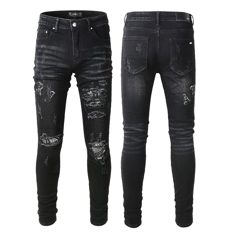 Men's Black Paisley Printed Patch Ripped Jeans - Carvan Mart